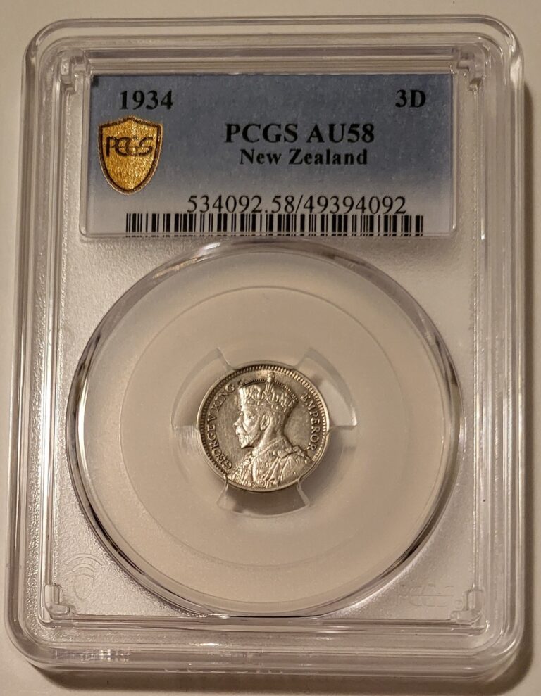 Read more about the article New Zealand George V 1934 Silver 3 Pence AU58 PCGS