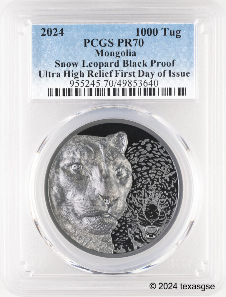 Read more about the article 2024 Mongolia Silver 2oz 1000 Tog Snow Leopard Black Proof PCGS PR70 First Day