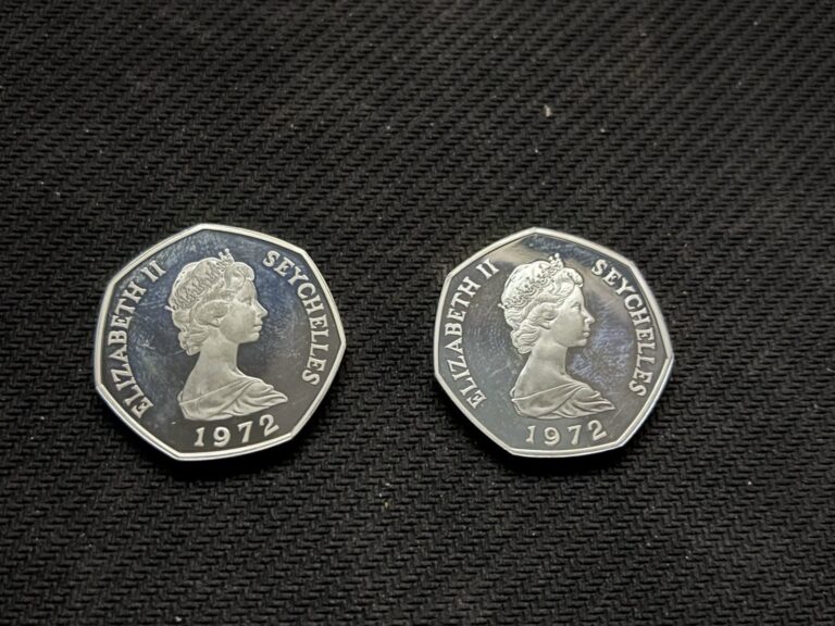 Read more about the article 1972 Seychelles 5 Rupees Proof Coins (2x) – Queen Elizabeth II  Rare Shine!
