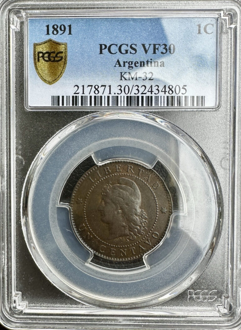 Read more about the article 1891 Argentina 1 Un Centavo PCGS VF30 Low Mintage. POP 1 Only 6 higher.