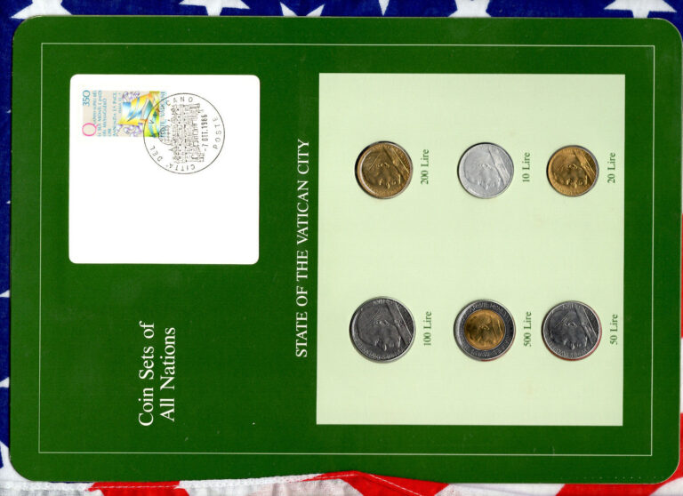 Read more about the article Coin Sets of All Nations Vatican City w/card 500 200 100 50 20 10 Lire 1985 UNC
