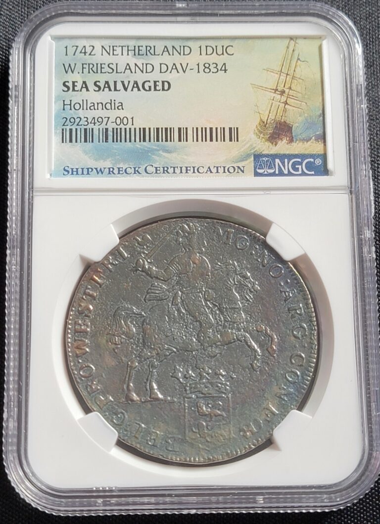 Read more about the article 1742 Netherland Ducaton NGC certified Sea Salvaged Hollandia Shipwreck  TONED!