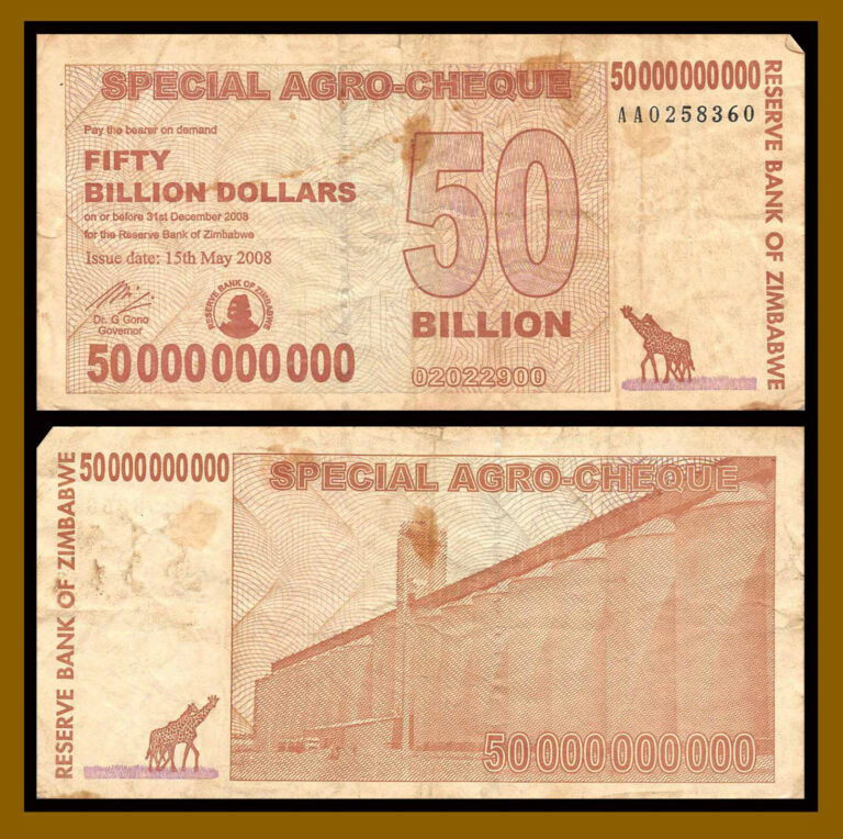 Read more about the article Zimbabwe One 50 Billion Dollar Agro Cheque Bill Banknote Pre- 10 50 100 Trillion