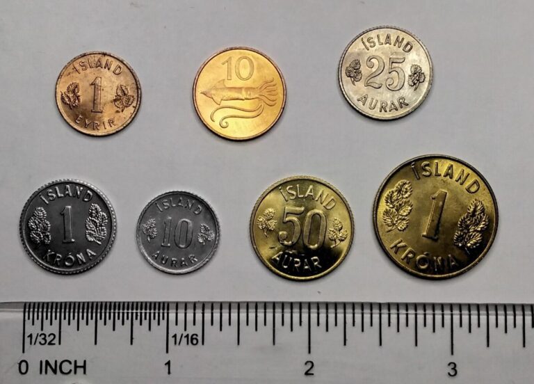 Read more about the article Iceland – set 7 coins 1 10 10 25 50 Aurar 1 1 Krona 1965 – 1981 UNC