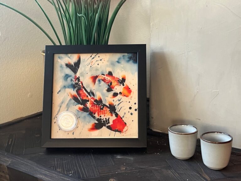 Read more about the article 2023 Silver 1 oz Fiji Koi Fish BU Coin 8×8 framed sumi-e koi art print on wood