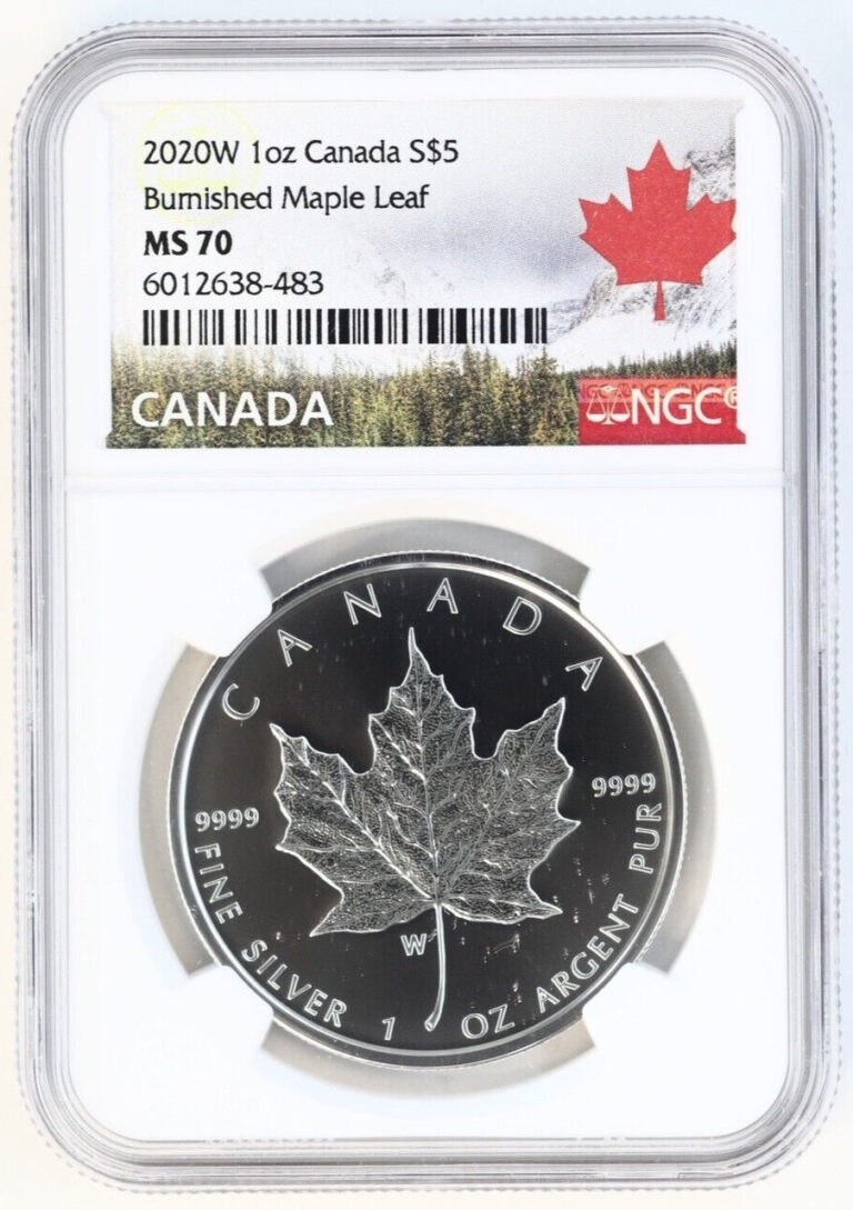 Read more about the article 2020-W CANADA BURNISHED MAPLE LEAF 1 OZ .9999 FINE SILVER FIVE DOLLAR NGC MS70