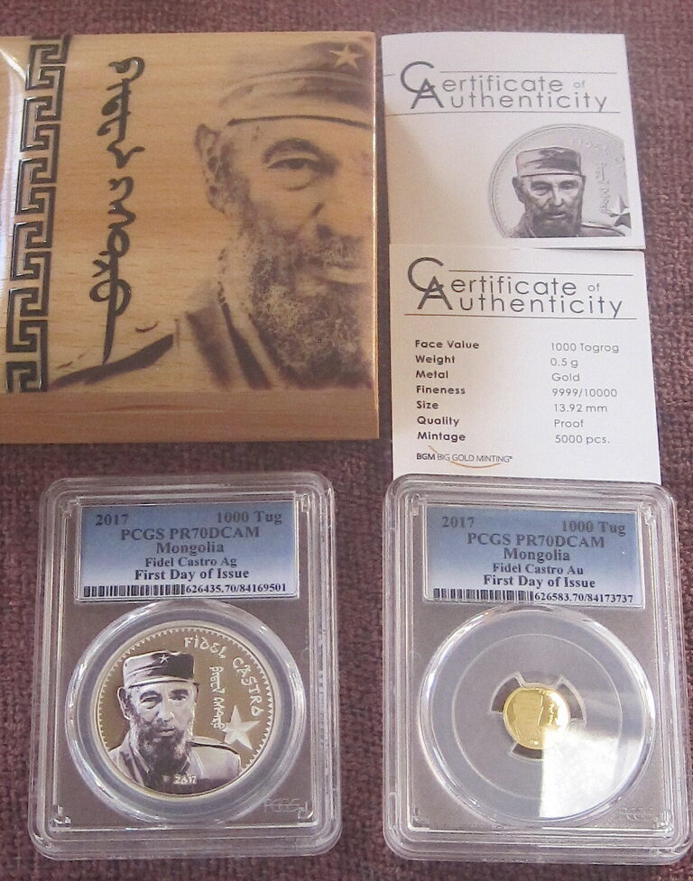 Read more about the article *GOLD and SILVER PCGS PR70 FIDEL CASTRO* 2017 Mongolia 1000 Tug Coins SET Box/CoA