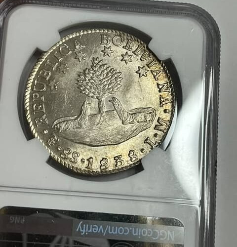 Read more about the article 1838 PTS LM Bolivia NGC MS62 Silver 8 SOLES – Rare High Grade Example!