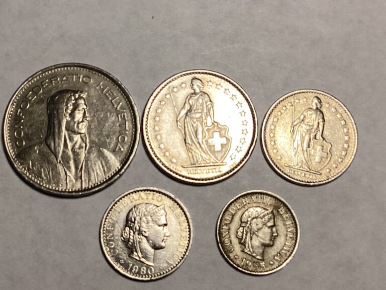 Read more about the article Lot of 5 Old Switzerland Coins Francs and Rappens 1955-81 Free Shipping