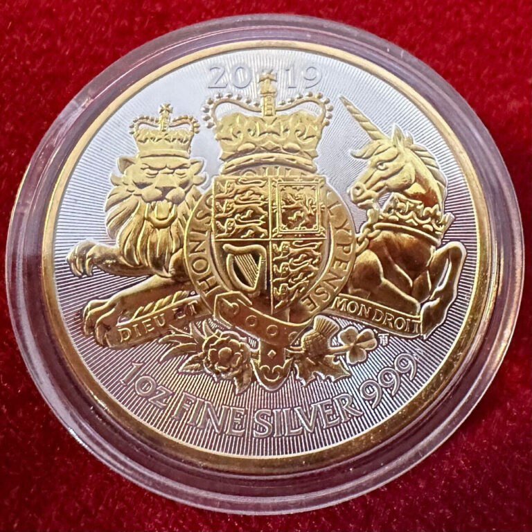 Read more about the article 1 Troy OZ .999 Silver 2019 BRITISH SILVER ROYAL ARMS Coin w/ 24 K Gilding by SFS