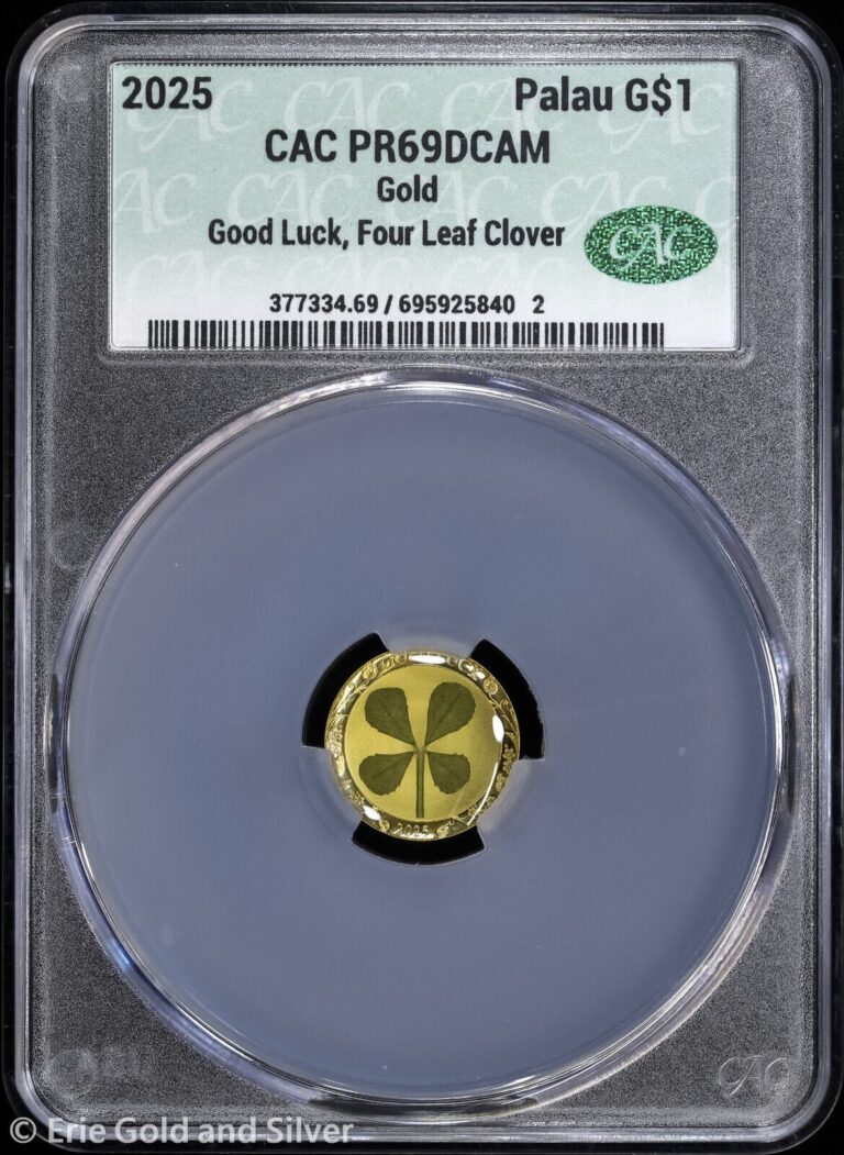 Read more about the article 2025 $1 Palau Proof Gold Good Luck Four Leaf Clover CAC PR 69 DCAM
