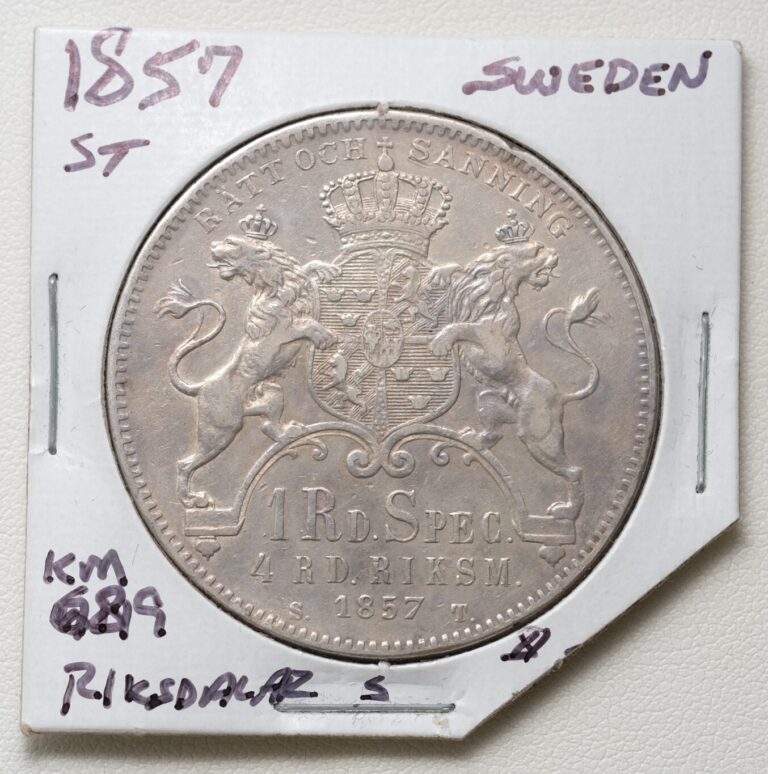 Read more about the article 1857 ST Sweden Silver 1 Riksdaler Specie 4 Riksdaler Riksmynt King Oscar I Coin