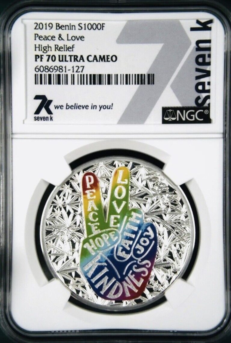 Read more about the article 7k Metals 2019 Peace and Love Coin Benin Silver 1oz NGC PF 70 High Relief Mint 999