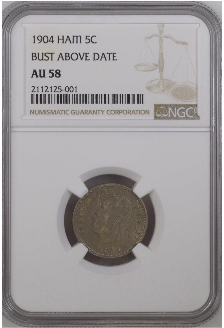 Read more about the article 1904 HAITI 5 CENT NGC AU58 COIN BUST ABOVE DATE
