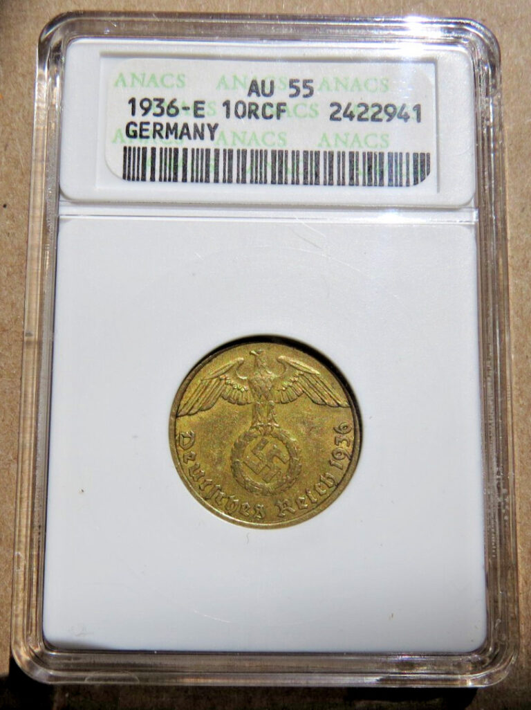Read more about the article 1936-E  RARE German Third Reich  10-reichspfennig  coin graded ANACS  AU-55