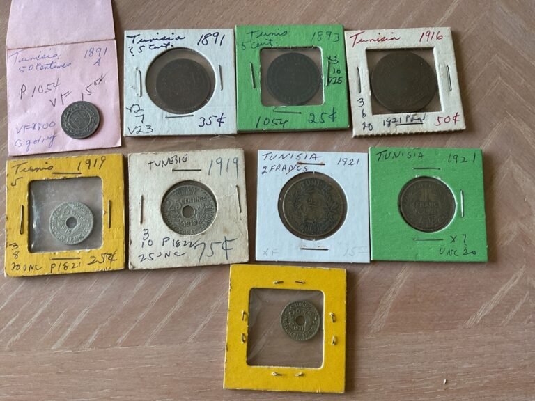 Read more about the article Lot Of 9 Foreign Coins Franc Tunisia Antique Ungraded Circulated