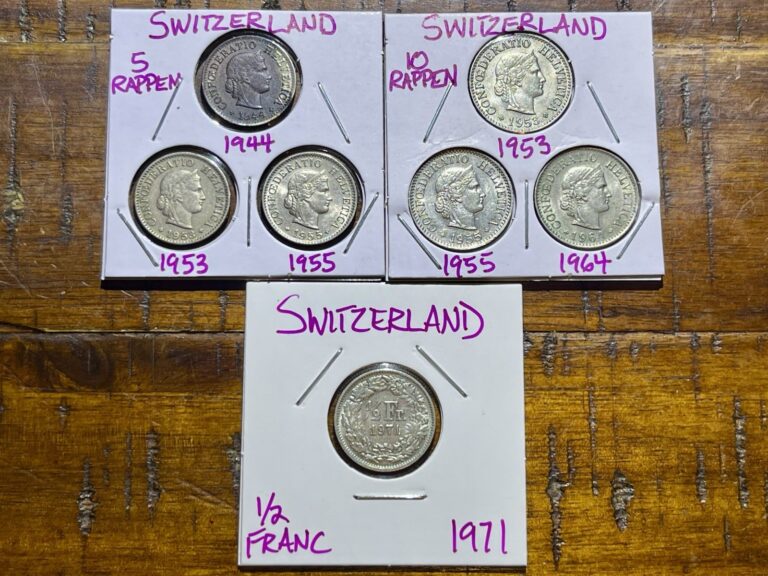 Read more about the article Lot of 7 Switzerland 🇨🇭 Coins 1944-1971 5/10 Rappen 1/2 Franc-Combined Shpg!
