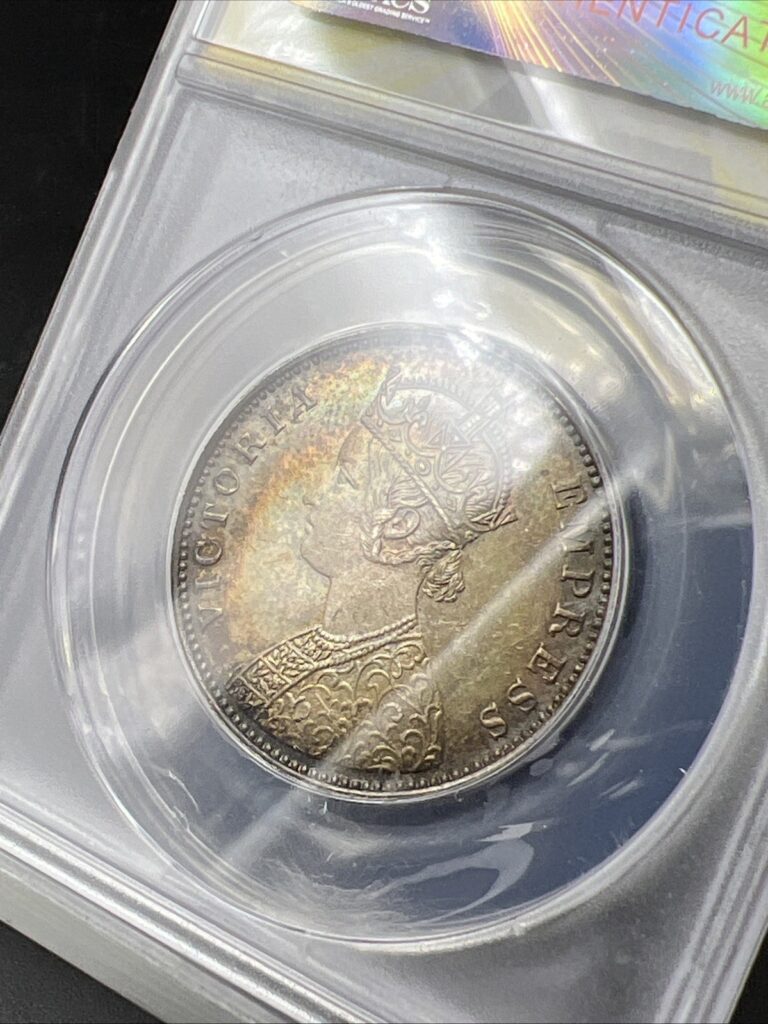 Read more about the article 1879 British India 1 Rupees ANACS MS60 Details Bombay Mint Original Toning OBV