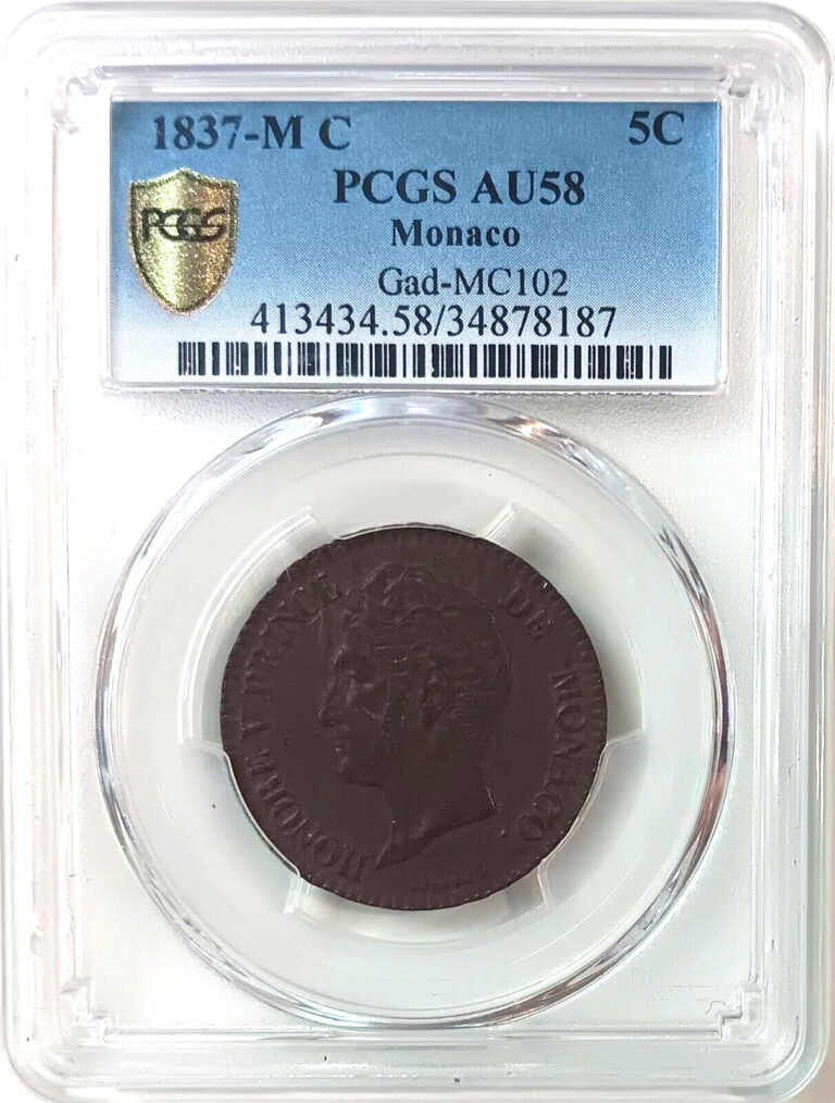 Read more about the article 1837-M C Monaco Copper 5 Cinq Centimes 5c PCGS AU58 Gad-MC102 About Uncirculated