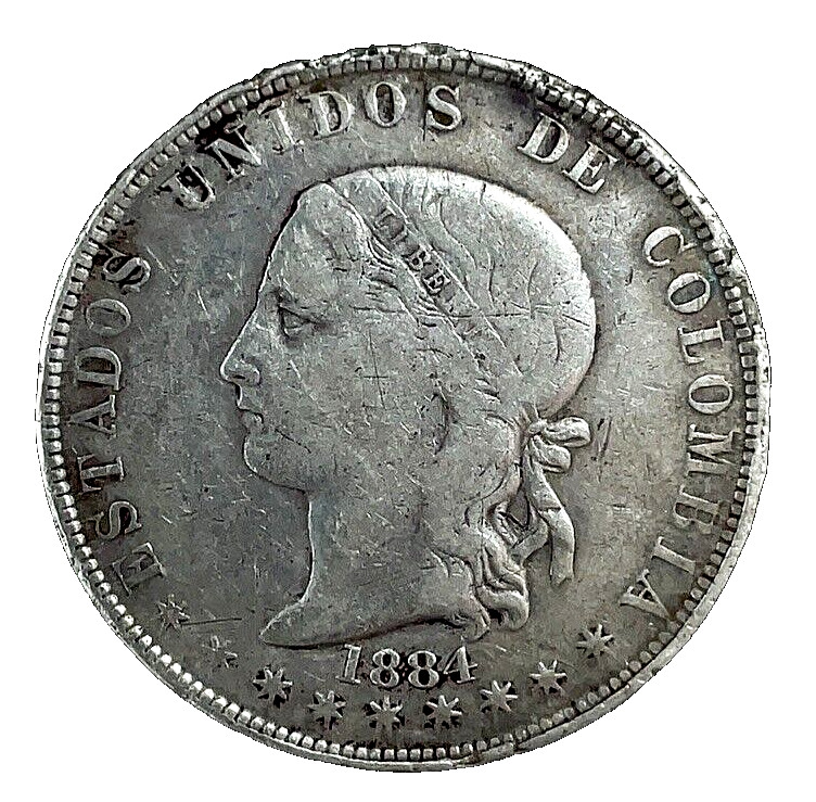 Read more about the article 1884 Colombia “CINCO” 5 Decimos Medellin Mint .835 Silver Coin KM 161.2 Key Date