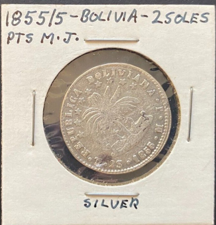 Read more about the article BOLIVIA  1855/5  2 SOLES  silver  circulated