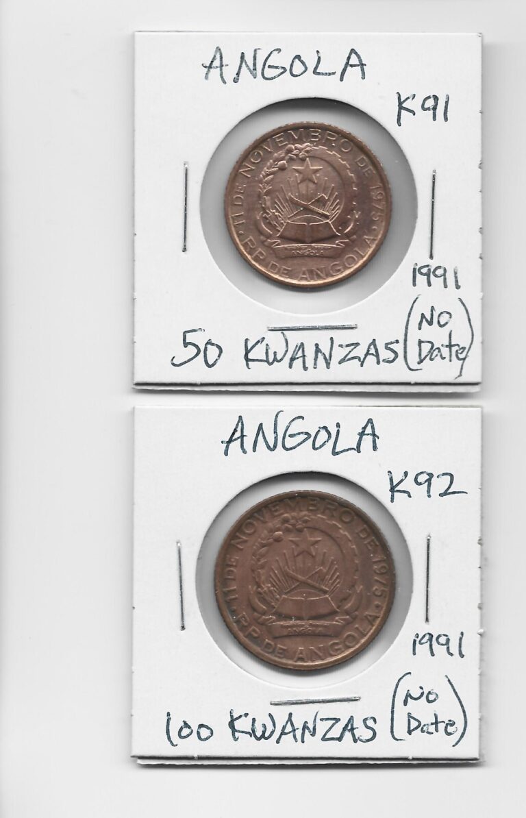 Read more about the article Angola 50 novo kwanzas and 100 novo kwanzas K91  K92 Two Coins No Date Issued 1991
