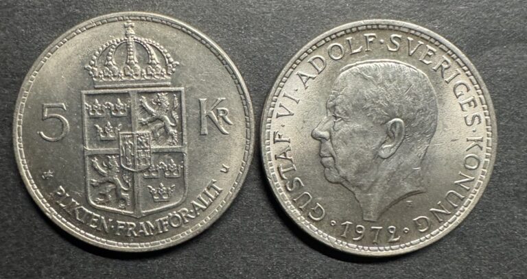 Read more about the article 1972 SWEDEN 5 KRONOR Lot Of 2 UNC Beautiful Large World Foreign Coins Crest