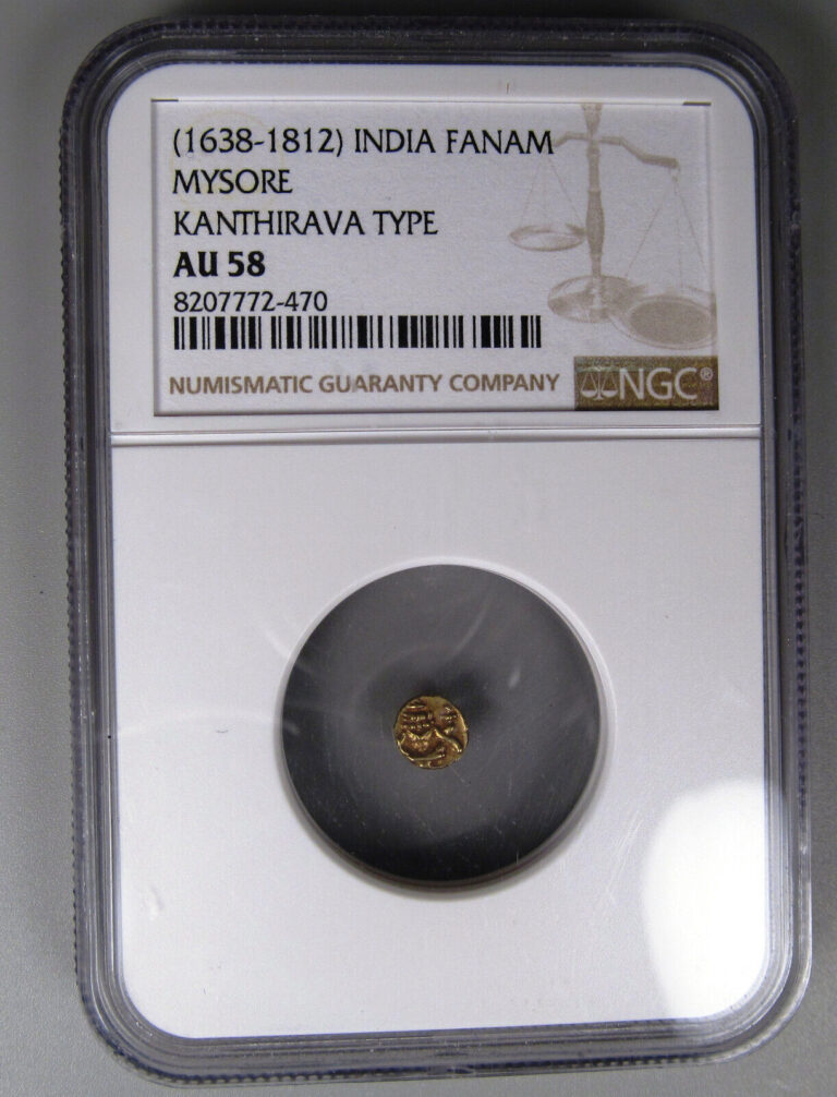 Read more about the article Gold Fanam Kanthirava Mysore India NGC AU58 Princely States Southern India Coin