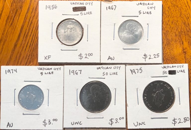 Read more about the article Vatican City Coin Lot: 1956  1967  1974- 5 Lire and 1967  1975- 50 Lire (5 Coins)