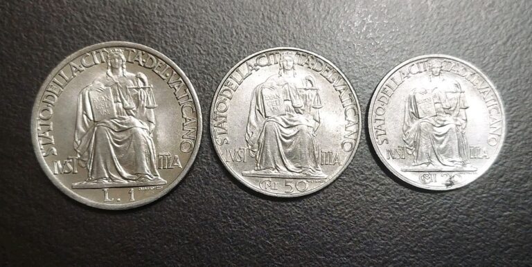 Read more about the article 1942 Vatican City Set 20 50 centesimi 1 Lire UNC Coins 3 Pcs