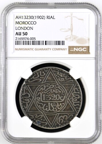 Read more about the article AH 1320 1902 Morocco 1 Rial  London Mint  NGC AU 50  KM-Y-22.1