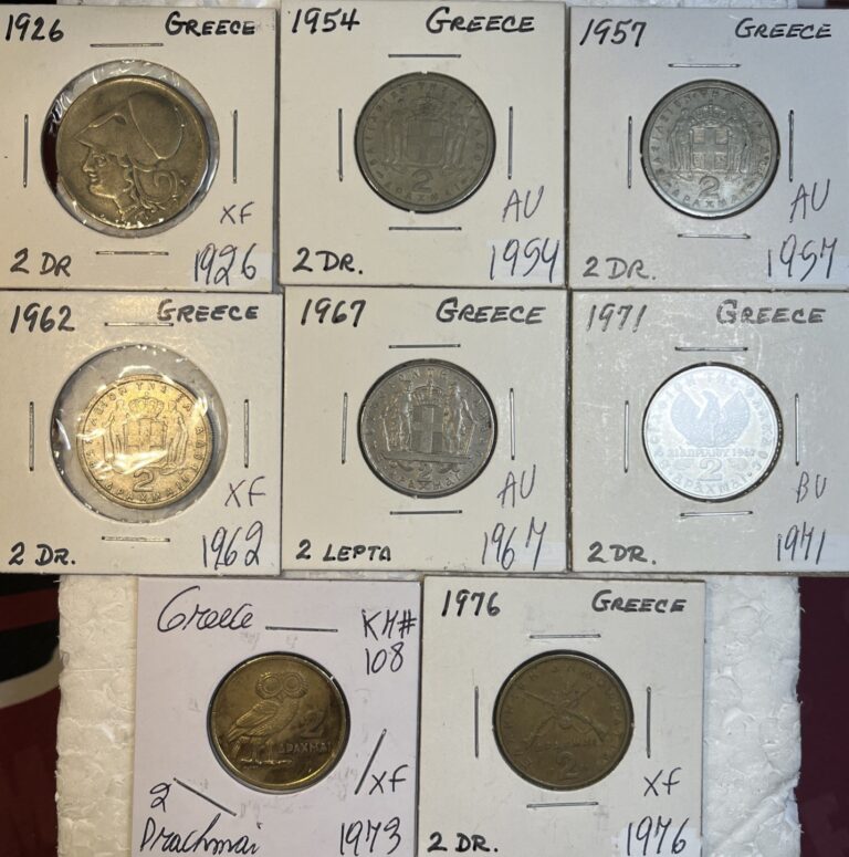 Read more about the article 1926 – 1976 Greece 2 Drachmes High Grades XF – BU Condition 8 Coin Lot