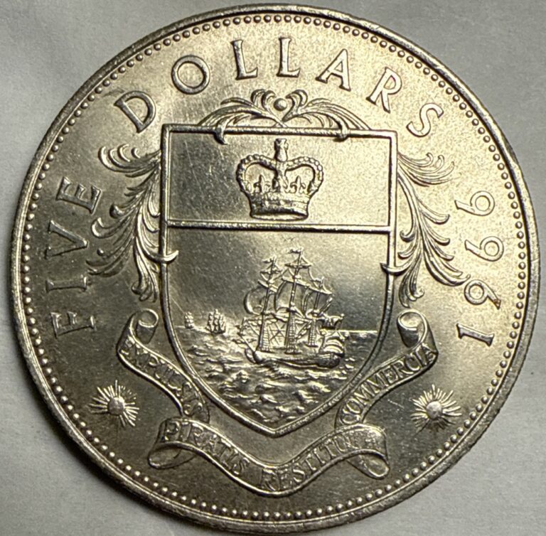 Read more about the article 1966 Bahama Islands $5 sterling silver coin. Huge in Capsule.