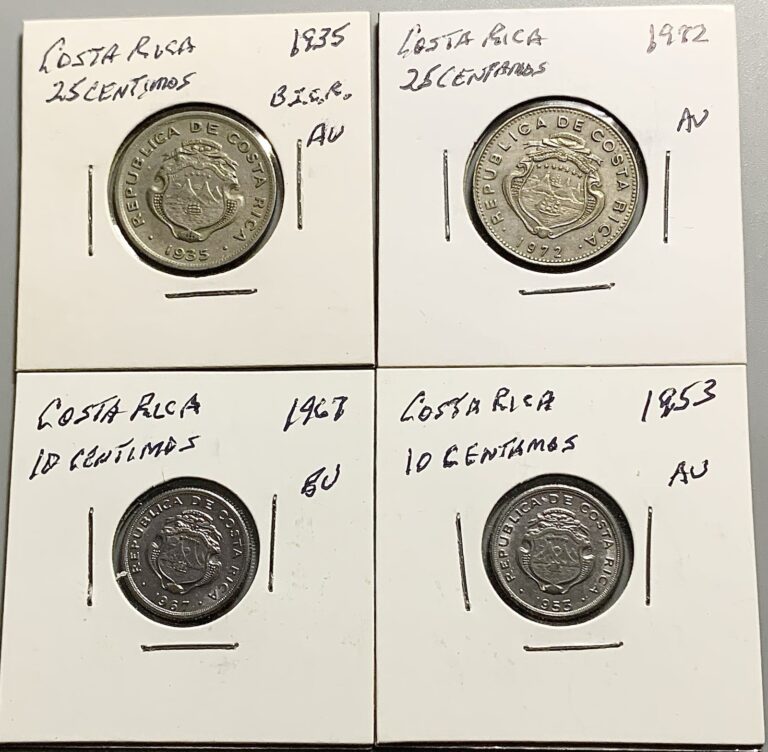Read more about the article Lot Of 4  Costa Rica 1935  1953  1967  1972 10 and 25 Centavos Nickel Coins
