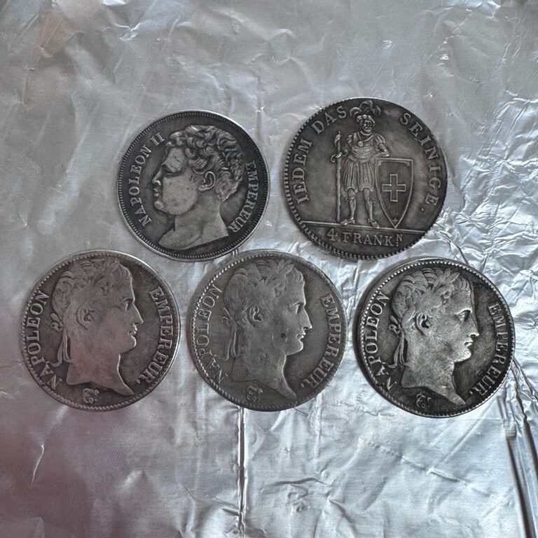Read more about the article Set 5 Coins 4 5 francs 1810 1807 1812 1816 Switzerlan and France Emperor Napoleon
