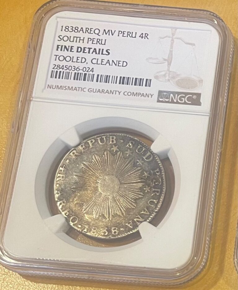 Read more about the article SOUTH PERU 1838 AREQUIPA MV 4 REALES NGC KM 172 FINE DETAILS SCARCE