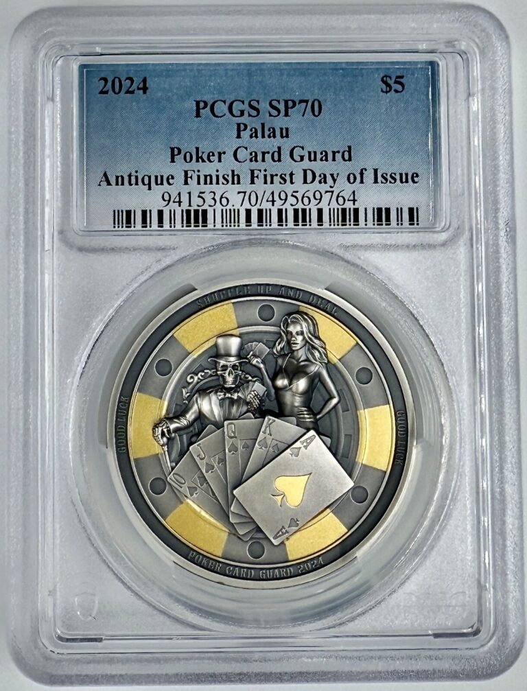 Read more about the article 2024 Palau 1oz $5 Silver Poker Card Guard Antiqued Gilded Coin PCGS SP70 FDI