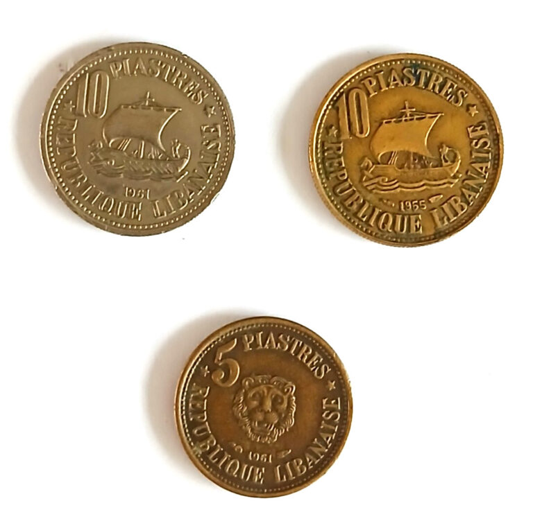 Read more about the article LEBANON (3) I955/61 OLD USED 5/10 PIASTERS COPPER NICKEL GRAND LIBAN COINS