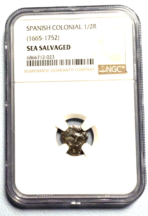 Read more about the article Spanish Colonial 1/2  Real  (1665-1752) NGC Sea Salvaged Silver B-Actual Coin