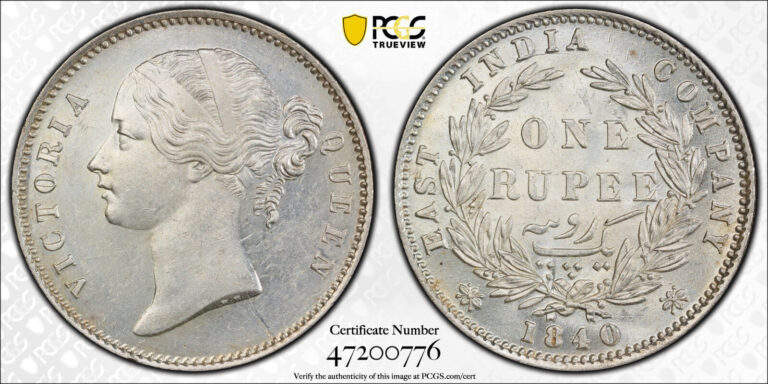 Read more about the article British India  1840 Victoria Rupee.  C or B Mints. PCGS MS 62.