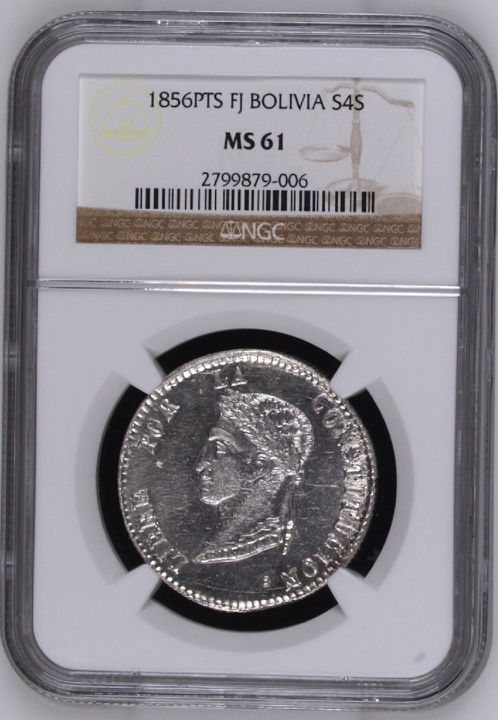 Read more about the article 1856 Bolivia Silver 4 Soles Potosi Mint NGC MS61