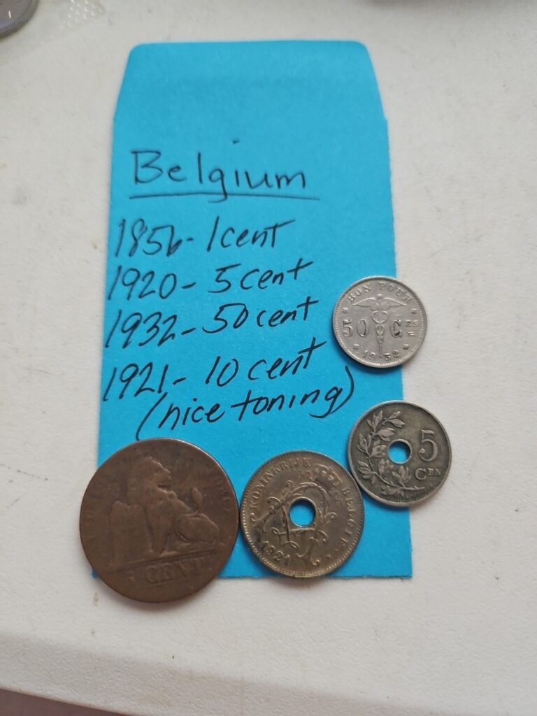 Read more about the article Belgium 1856 1 Cent  1920 5 Cent  1932 50 Cent  1921 10 Cent with Toning