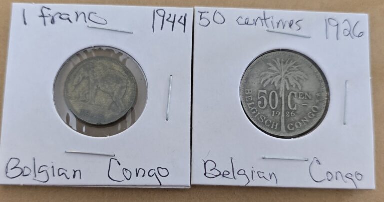 Read more about the article 2 Belgian Congo Coins  1926 1 Franc and 1944 50 Centimes