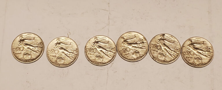 Read more about the article 1908-1920 Italia Italy 20 Centesimi Coin lot 1908  1909  1913  1914  1919  1920