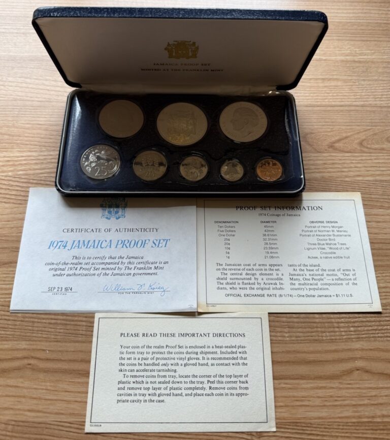 Read more about the article JAMAICA 1974 PROOF SET 8 COINS (2 SILVER) 1.88 PURE SILVER OGP With COA