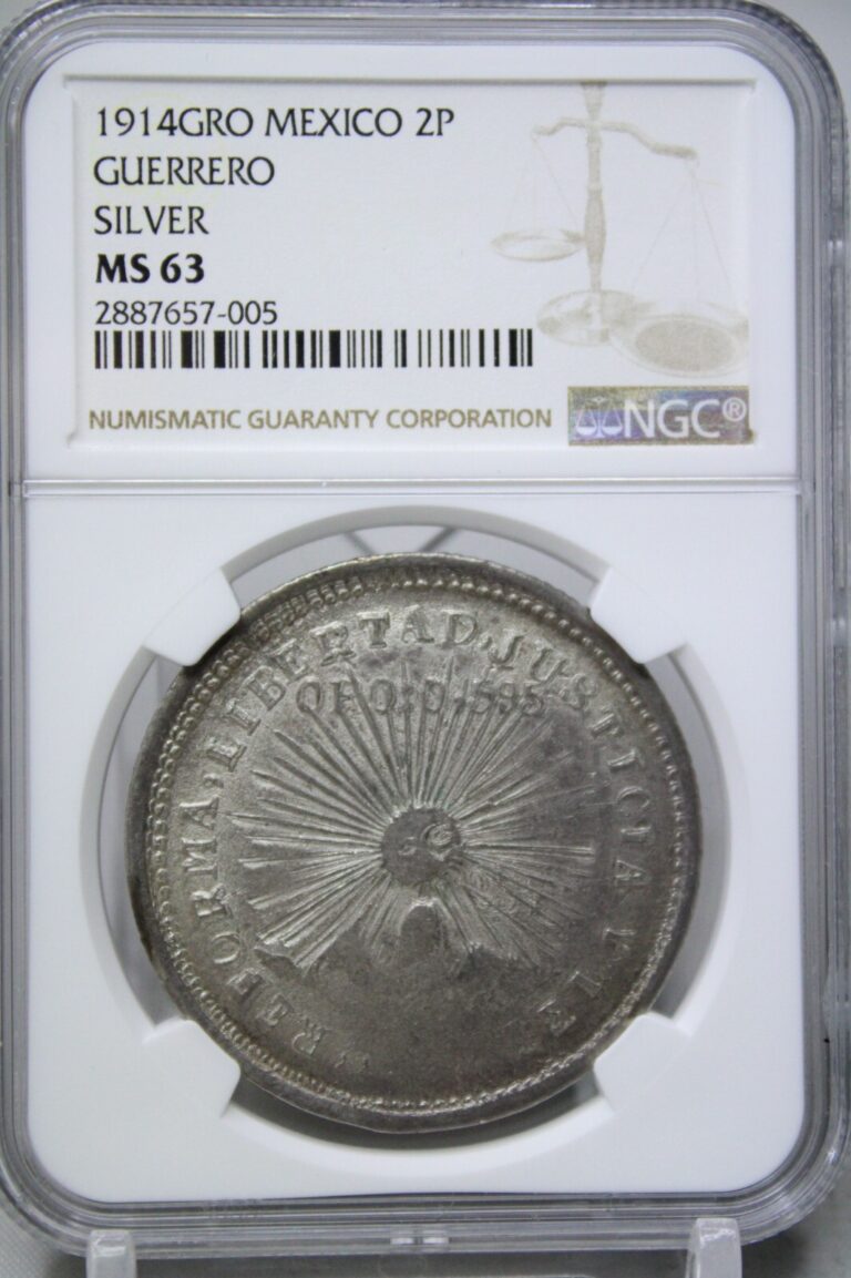 Read more about the article 1914 Gro Mexico 2Peso Guerrero Silver Coin NGC MS63 #7005