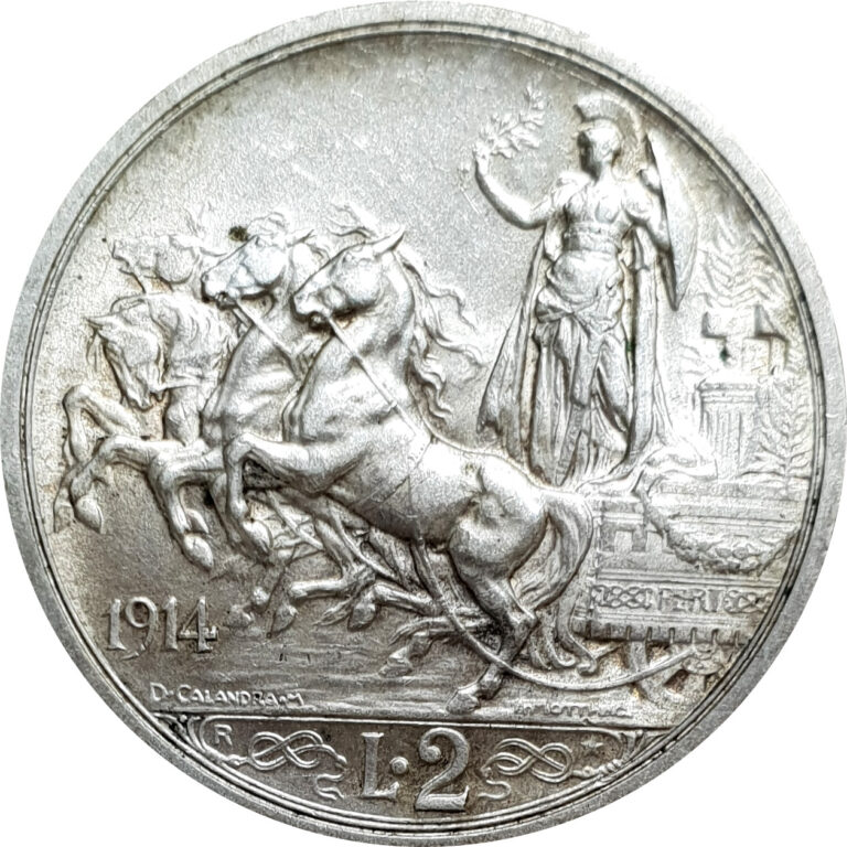Read more about the article Italy 1914 aUnc 2 Lire Lira Silver Coin Quadriga Lire Victor Emmanuel III