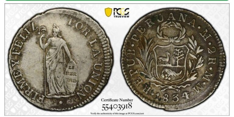 Read more about the article 1834 L MM PERU SILVER COIN 1/2 REALES PCGS XF45