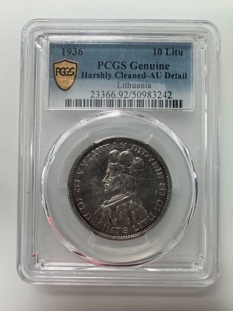 Read more about the article Lithuania 10 Litu Vytautas 1936 Harshly Cleaned-AU Detail PCGS Genuine