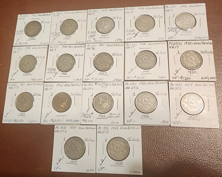 Read more about the article LOT OF 17 ASSORTED NEW ZEALAND ONE SHILLING COINS 1933 TO 1959